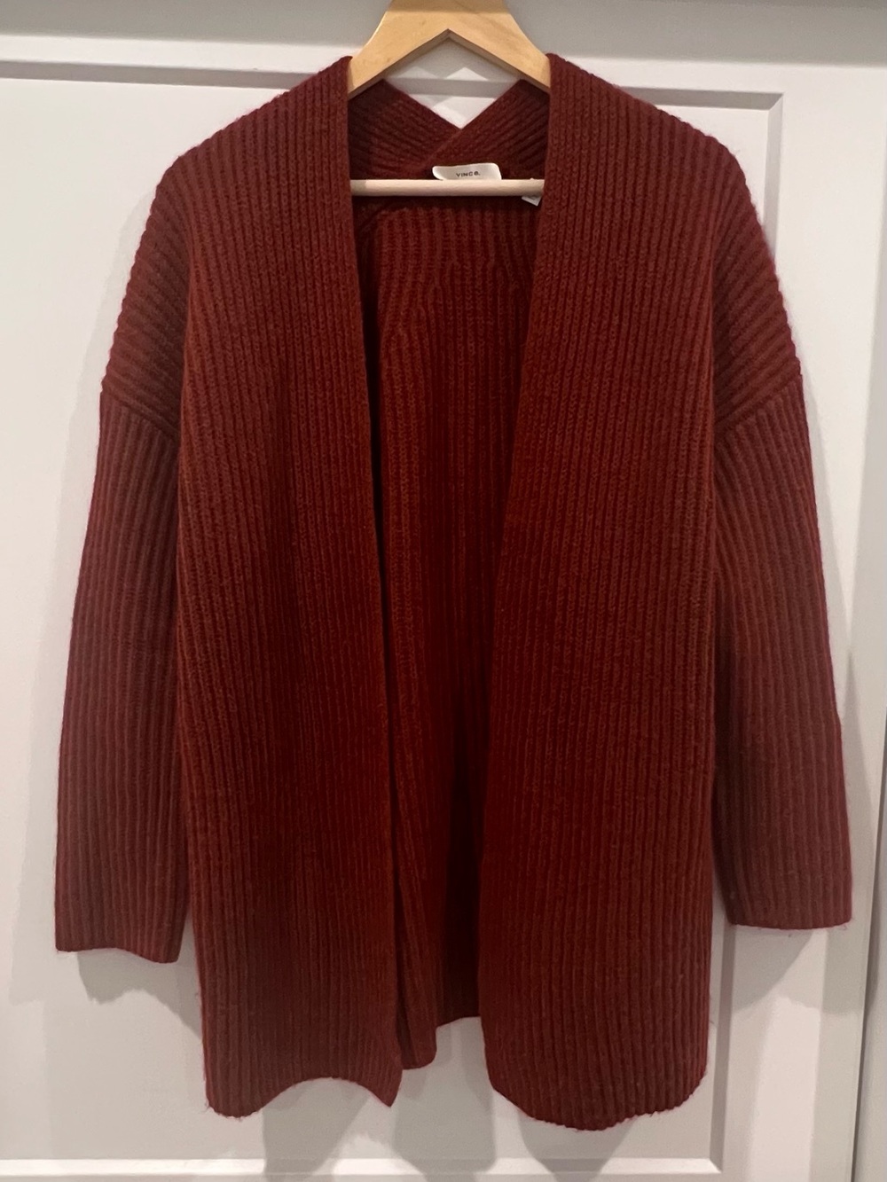 Vince Ribbed Open Front Cardigan Sweater Red/ Rust Wool Blend Size Medium